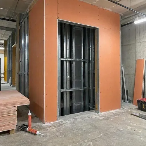 Fire rated drywall installed around commercial shaft on a commercial drywall project in Kingston, ON