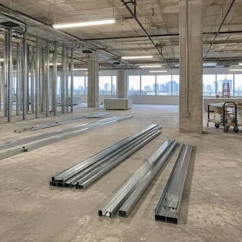 Office shell with track and studs laid out on a commercial drywall project in Kingston, ON