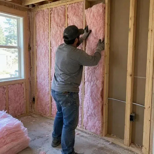 Gloved installer fitting insulation batts between wall studs before drywall in Kingston
