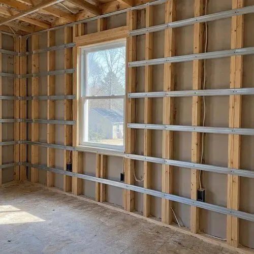 Resilient channel installed across bedroom wall studs on a drywall soundproofing job in Kingston, ON