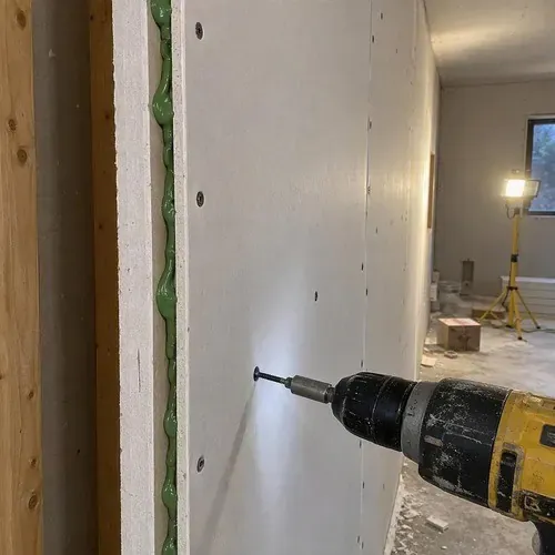 Second drywall layer with damping compound applied on a drywall soundproofing job in Kingston, ON