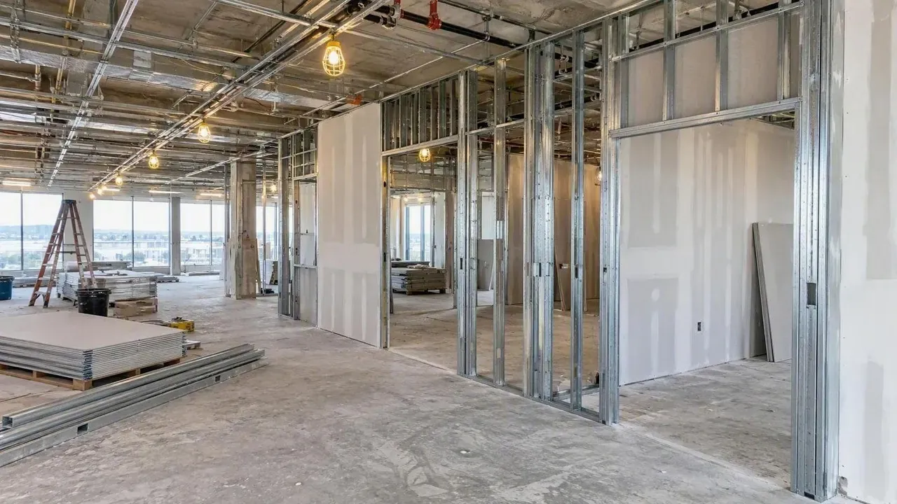 Commercial floor with metal studs and partial drywall on a Kingston Drywall project
