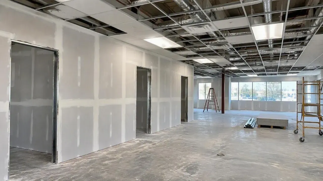 Commercial unit in Kingston with drywall finished and a T-bar ceiling grid being installed