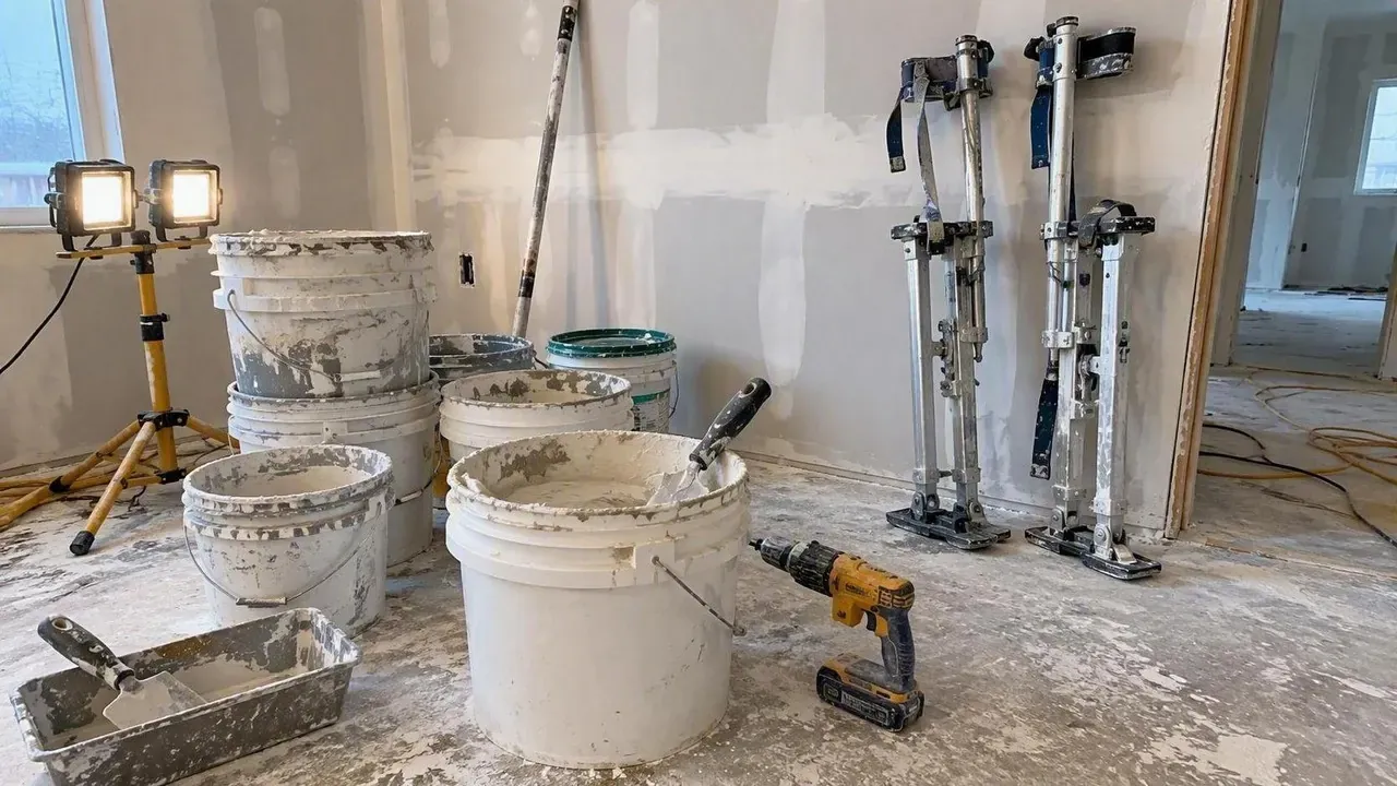 Compound buckets screw gun and stilts in corner on a Kingston Drywall project