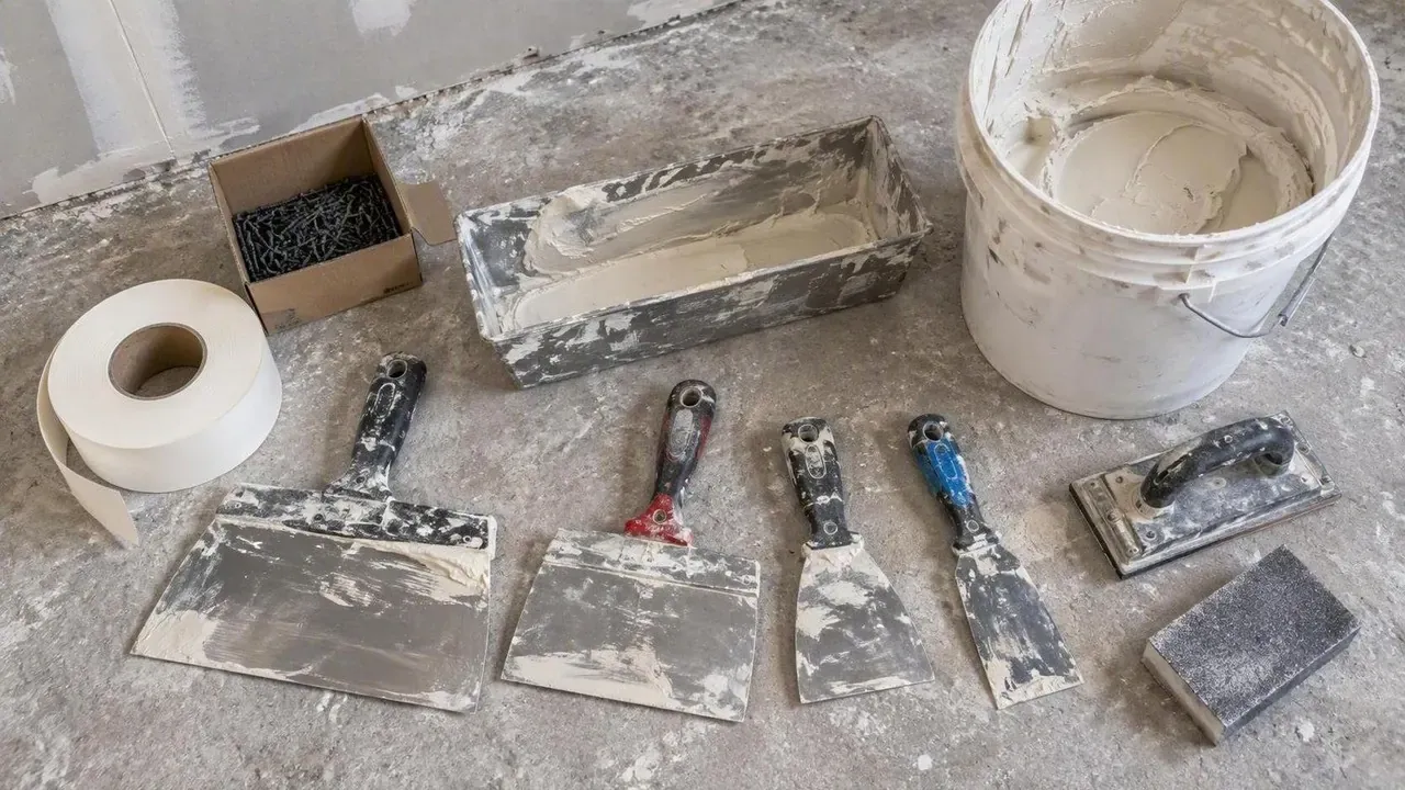 Drywall taping knives, compound and tools laid out on a job site in Kingston