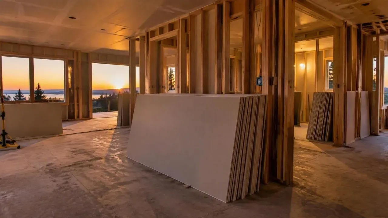 Framed rural home interior at dusk with drywall stacked for installation near Odessa, Ontario