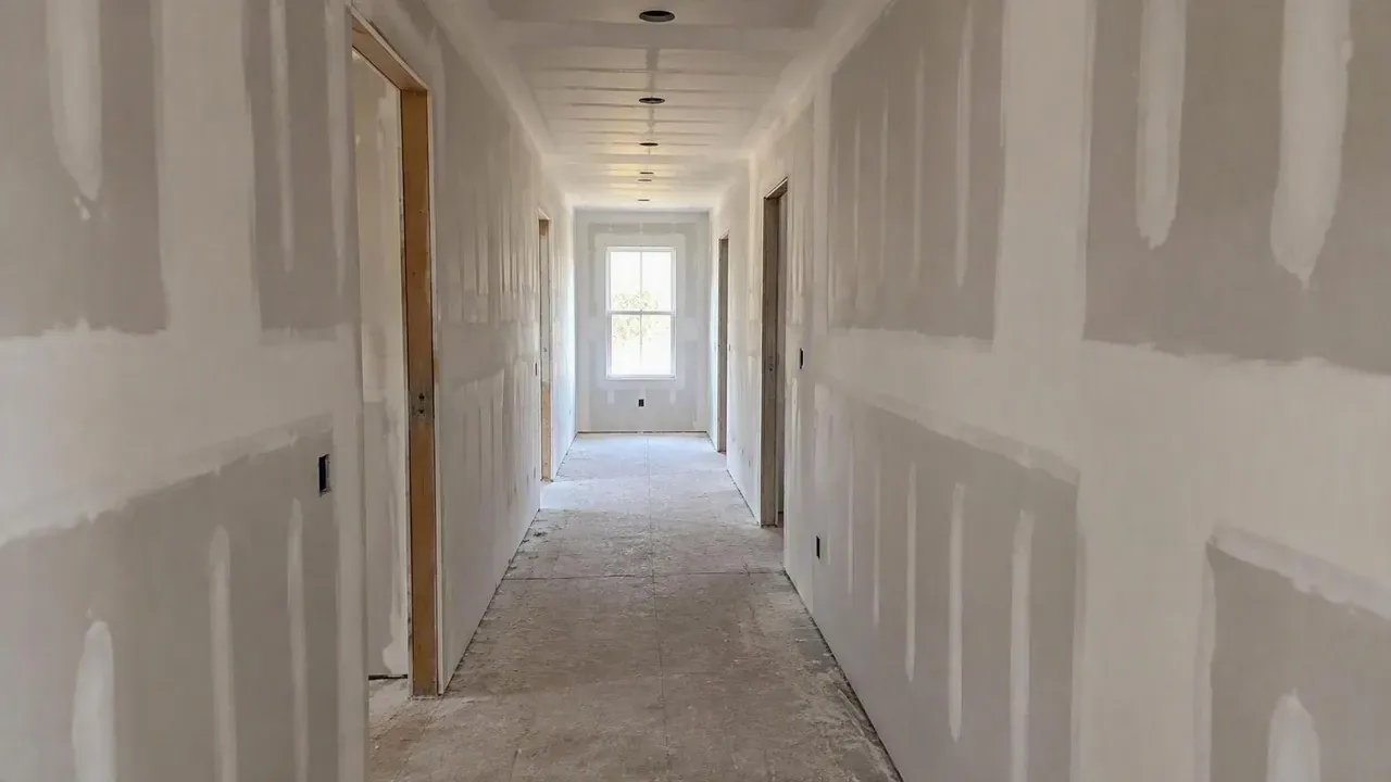 Long hallway drywalled and taped in a Kingston, Ontario home