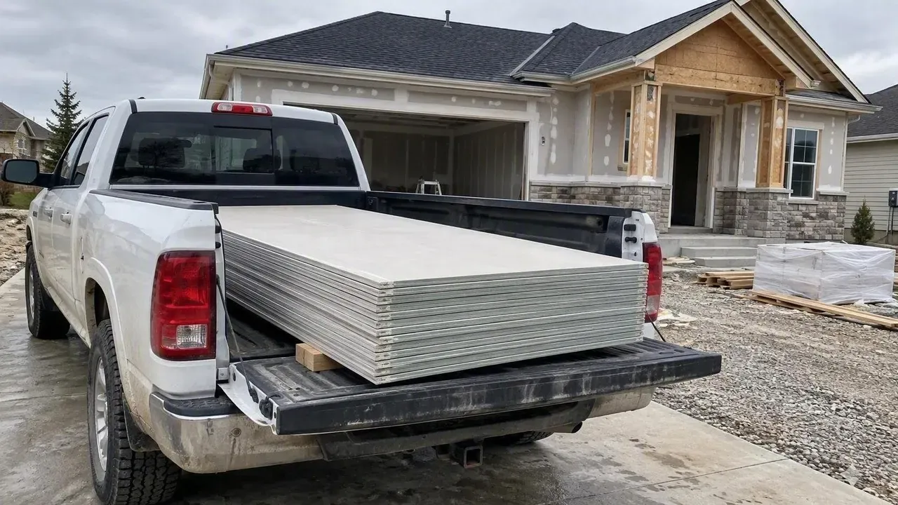 Pickup truck loaded with drywall sheets outside on a Kingston Drywall project