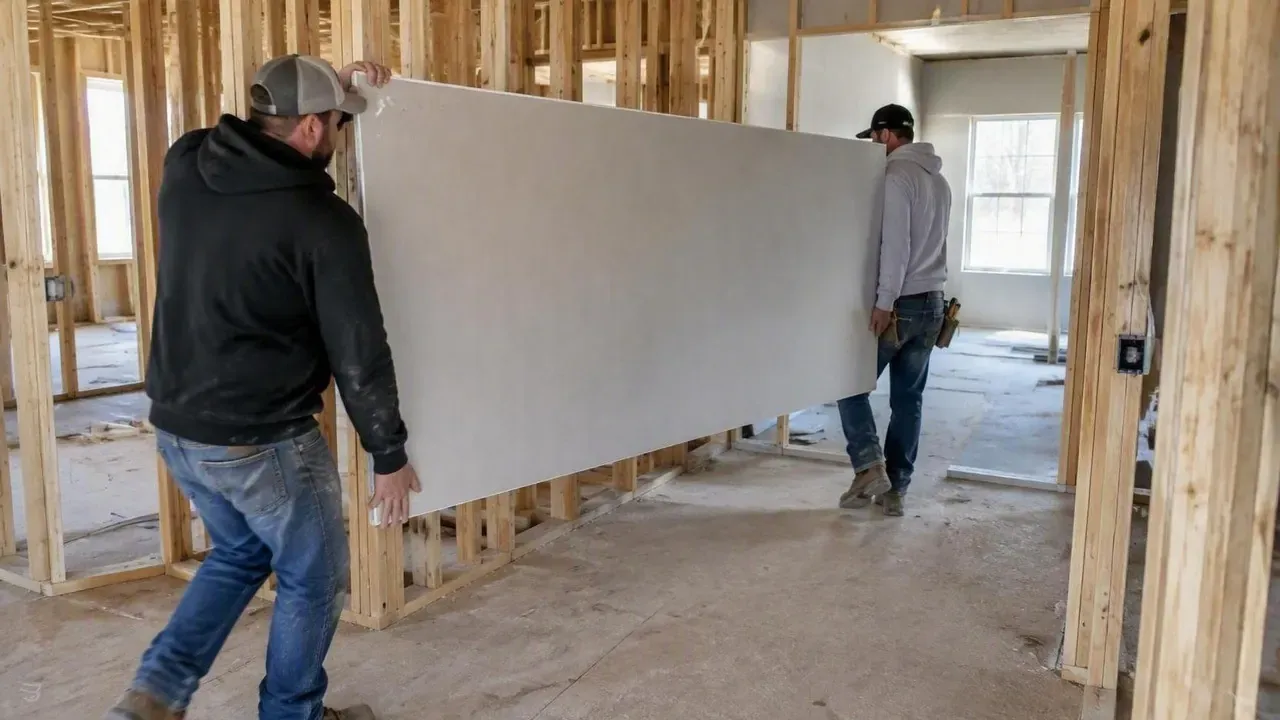 Two Kingston Drywall installers carrying a drywall sheet through a framed house