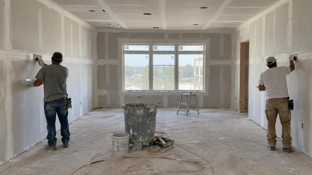Two drywall finishers taping and mudding opposite walls of a room in Kingston
