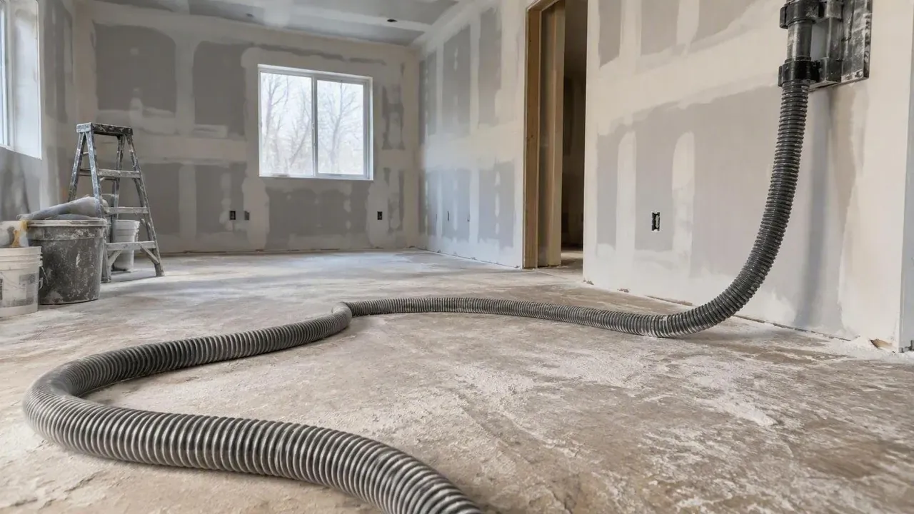 Vacuum sander hose across a dusty floor on a Kingston Drywall project