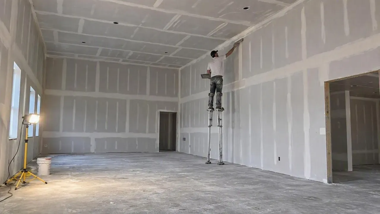 Drywall finisher on stilts taping a tall wall seam on a Napanee area project