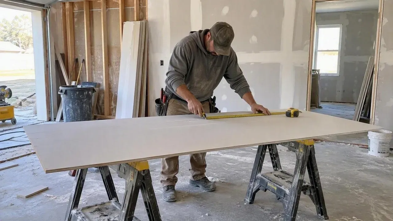 Kingston drywall contractor scoring a drywall sheet on sawhorses inside a home under renovation