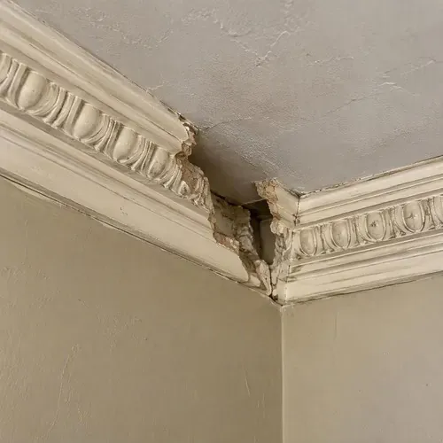 Ornate plaster crown moulding with broken section during plaster crown moulding repair in Kingston, ON