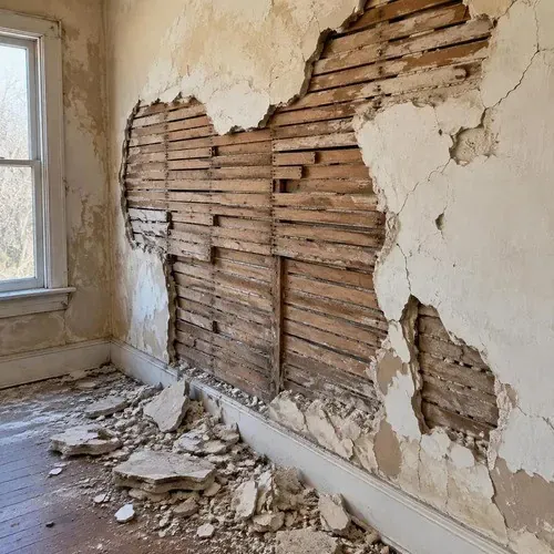 Crumbling plaster wall with lath behind during lath and plaster repair in a Kingston home