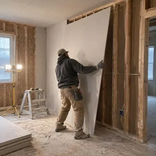Worker lifting drywall sheet into place on a residential drywall installation in Kingston, ON