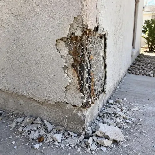Damaged stucco corner with wire lath exposed on a stucco repair job in the Kingston area