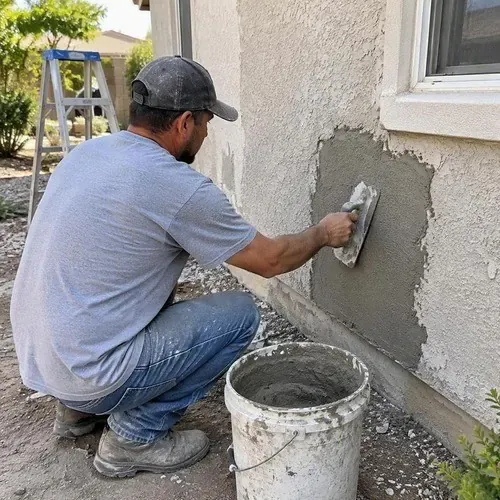 Worker troweling a stucco patch onto a repaired wall area near Kingston, Ontario